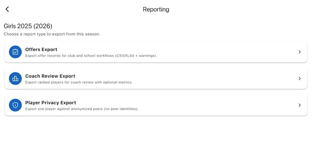 Season workspace with tiles for configuration, roster, attendance, groups, metrics, and ranking workflows.