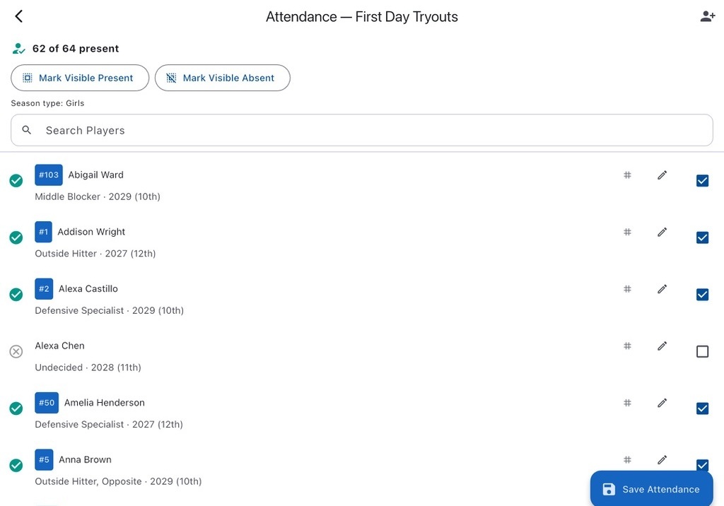 Attendance screen with present counts, quick actions, and searchable player list.